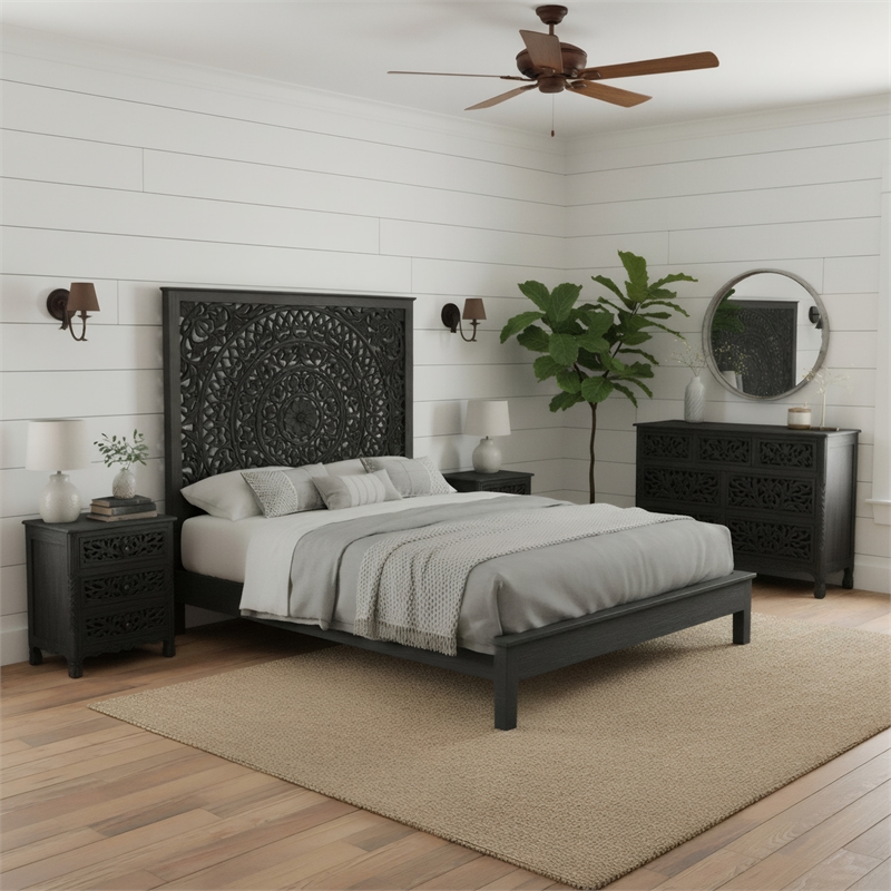Taran Designs Gianna Floral Carved Solid Wood King Bed in Black
