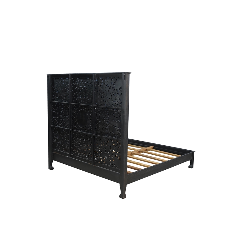 Taran Designs Gianna Floral Carved Solid Wood King Bed in Black