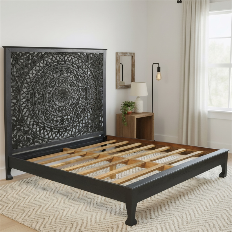 Taran Designs Gianna Floral Carved Solid Wood King Bed in Black
