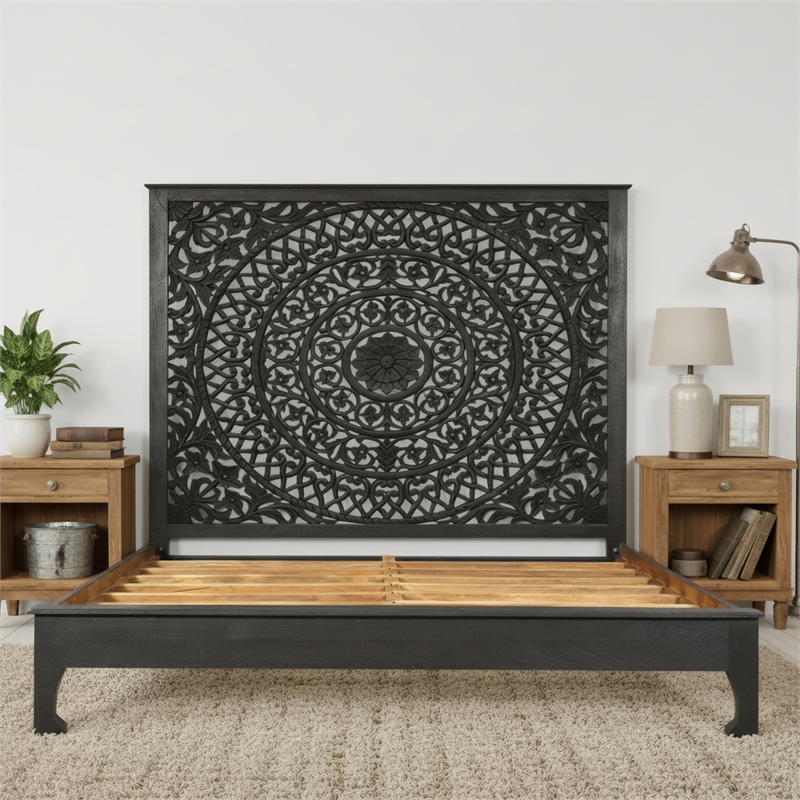 Taran Designs Gianna Floral Carved Solid Wood King Bed in Black