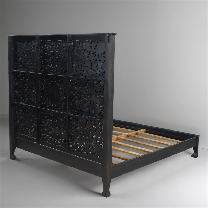 Taran Designs Gianna Floral Carved Solid Wood King Bed in Black
