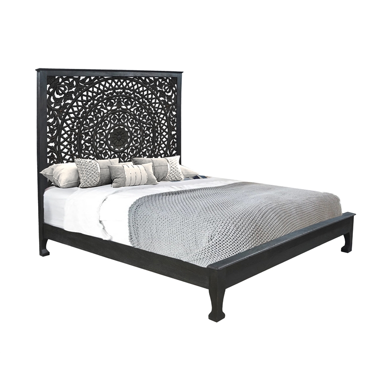 Taran Designs Gianna Floral Carved Solid Wood King Bed in Black