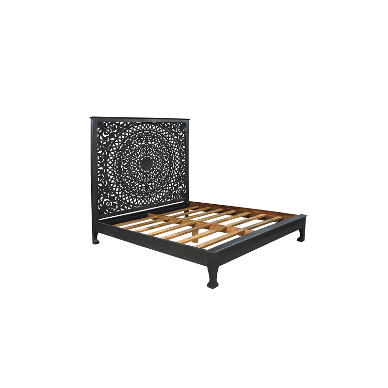 Taran Designs Gianna Floral Carved Solid Wood King Bed in Black