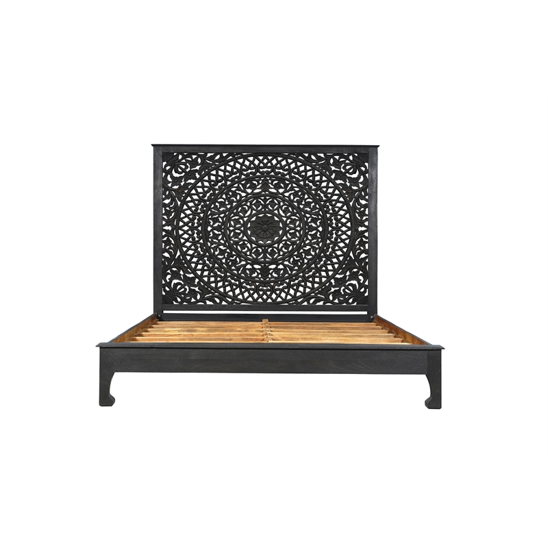 Taran Designs Gianna Floral Carved Solid Wood King Bed in Black