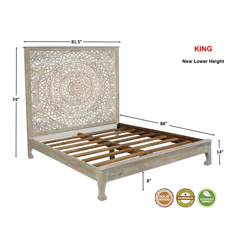 Taran Designs Gianna Floral Carved Solid Wood King Bed in Gray