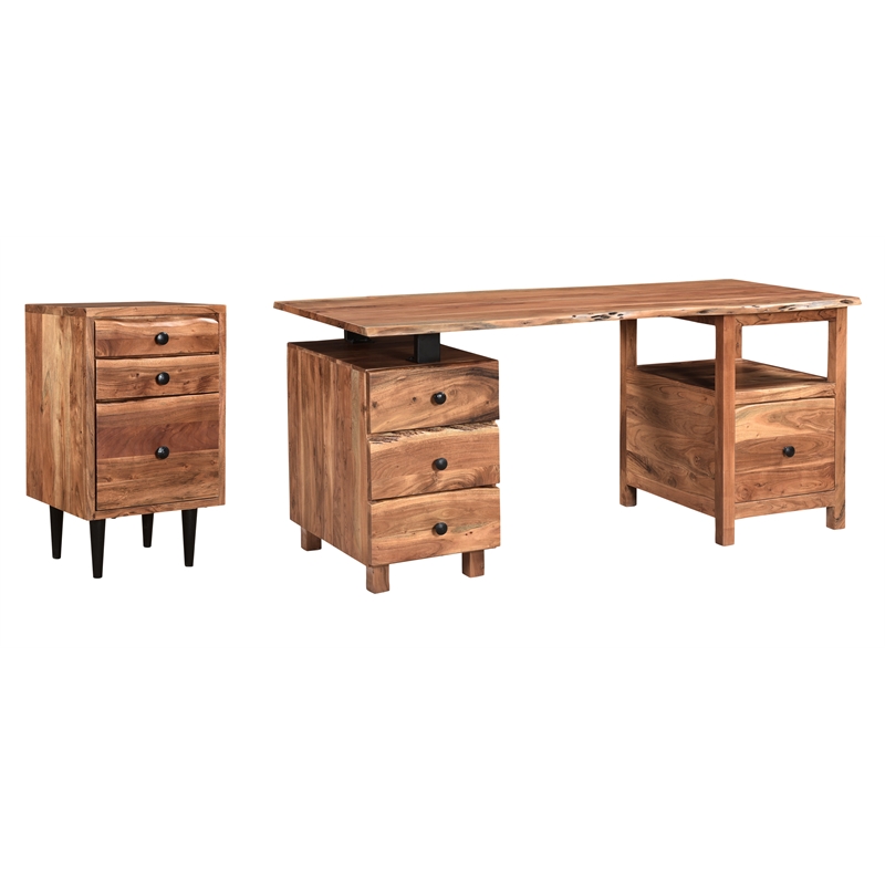 Taran Designs Harper 2-piece Live Edge Solid Wood Desk Set in Brown