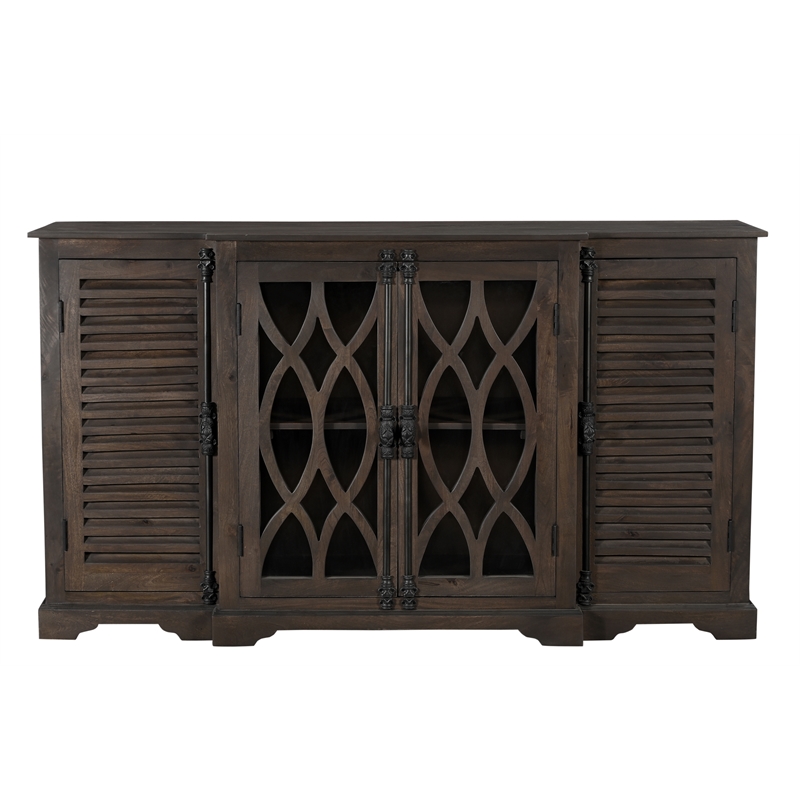 Taran Designs Lark 4-door Carved Solid Wood Sideboard in Dark Brown