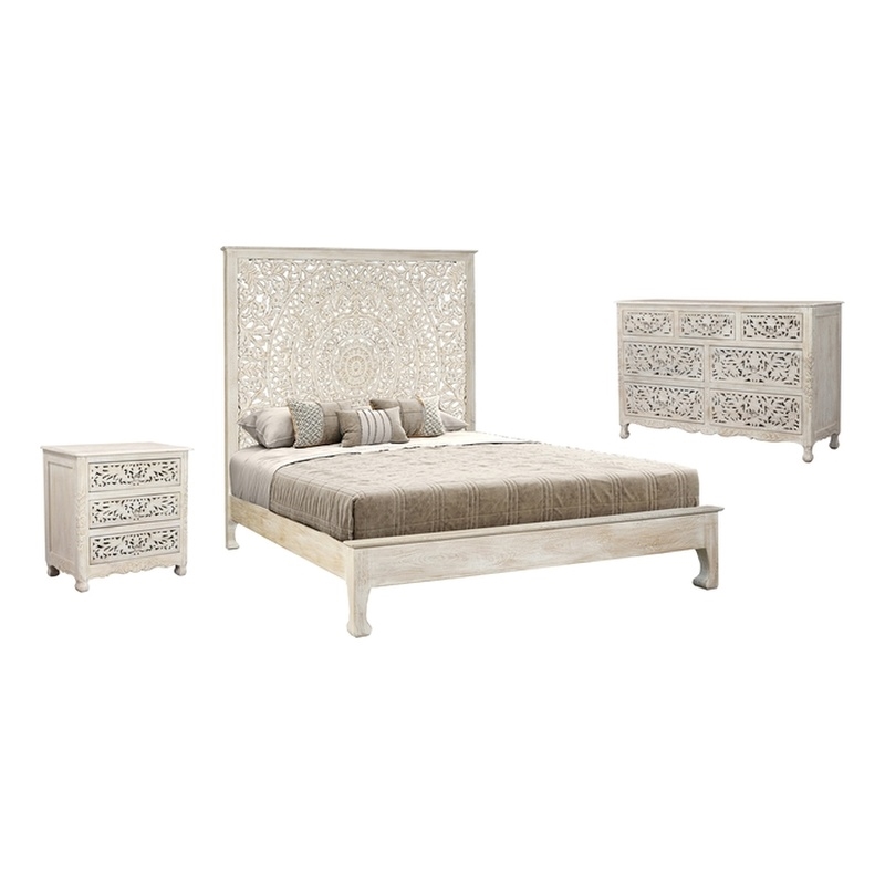 Taran Designs Gianna 3-piece Floral Carved Solid Wood Bedroom Set in White