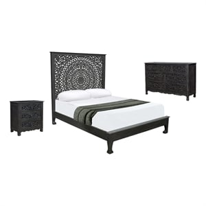 Taran Designs Gianna 3-piece Floral Carved Solid Wood Bedroom Set in Black