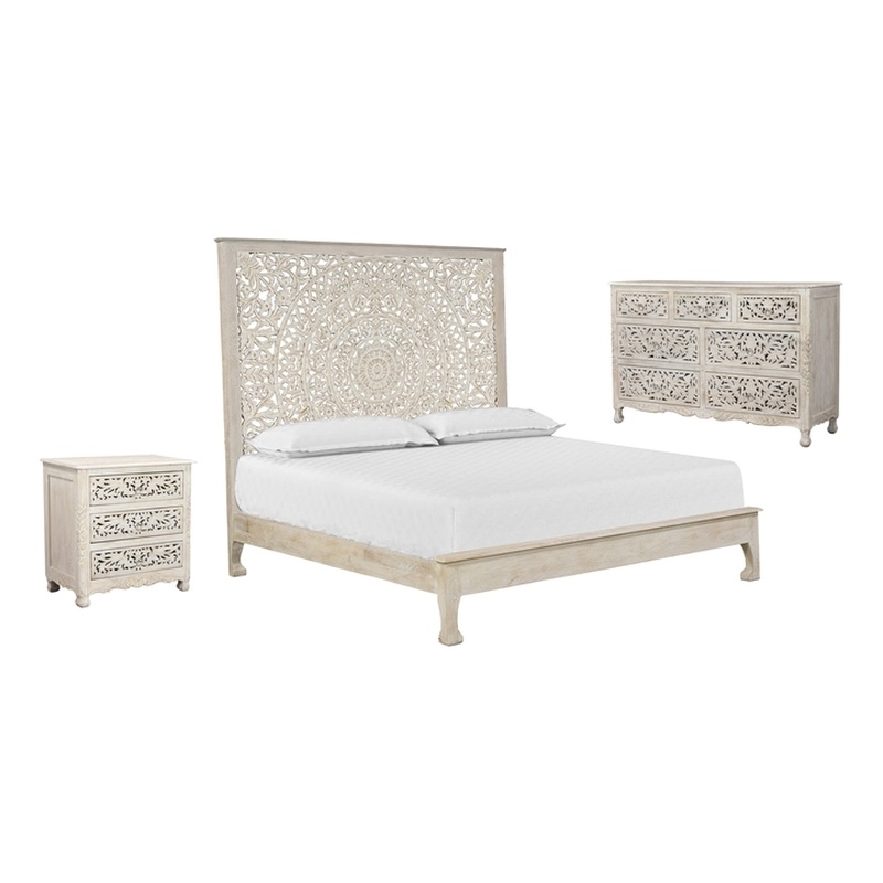 Taran Designs Gianna 3-piece Floral Carved Solid Wood Bedroom Set in White