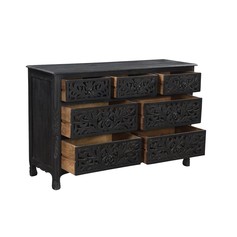 Taran Designs Gianna 3-piece Floral Carved Solid Wood Bedroom Set in Black