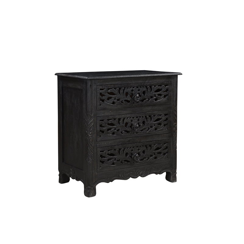 Taran Designs Gianna 3-piece Floral Carved Solid Wood Bedroom Set in Black