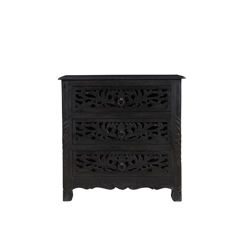 Taran Designs Gianna 3-piece Floral Carved Solid Wood Bedroom Set in Black