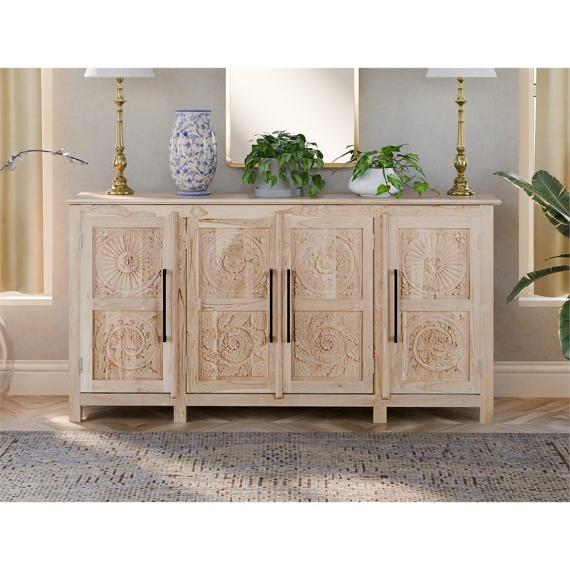 Taran Designs Isabella 4-door Carved Solid Wood Sideboard in Brown
