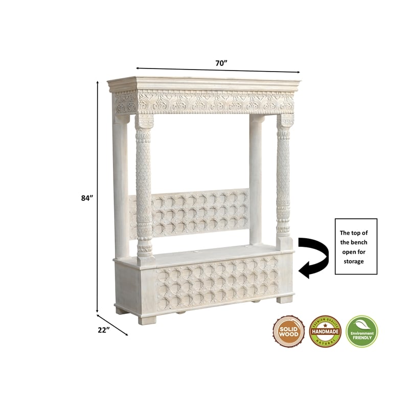 Taran Designs Isabella Carved Solid Wood Hall Tree Bench in White
