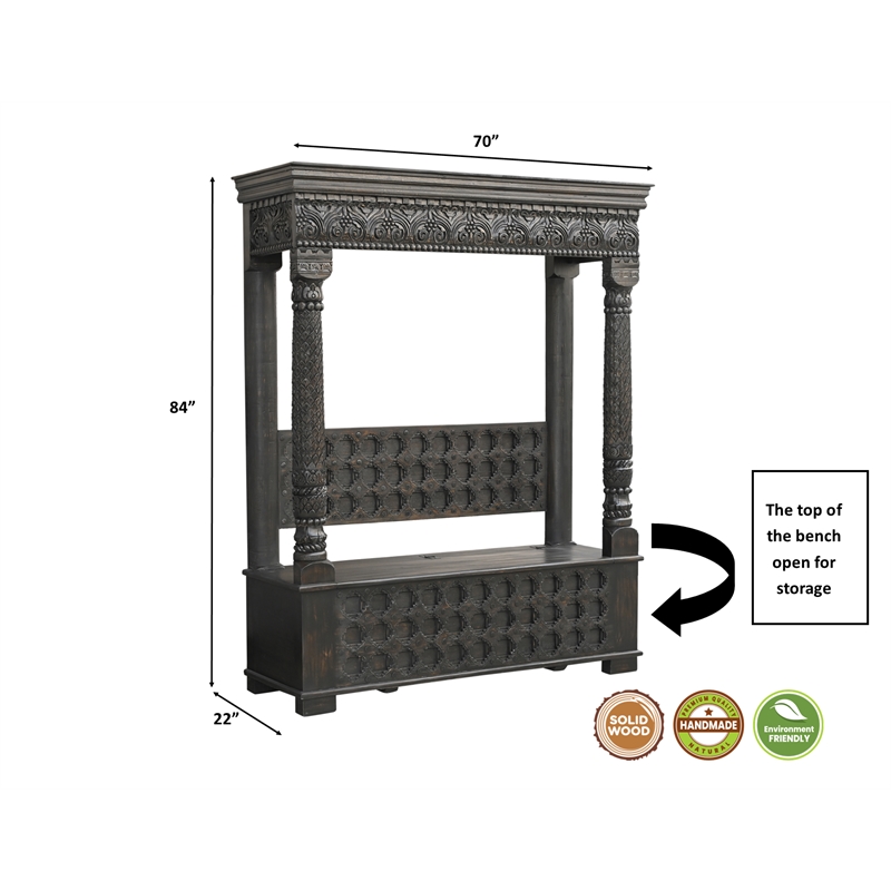 Taran Designs Isabella Carved Solid Wood Hall Tree Bench in Black