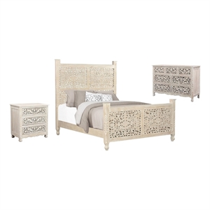 Taran Designs Monte 3-piece Floral Carved Solid Wood Bedroom Set in White