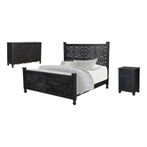 Taran Designs Monte 3-piece Floral Carved Solid Wood Bedroom Set in Black