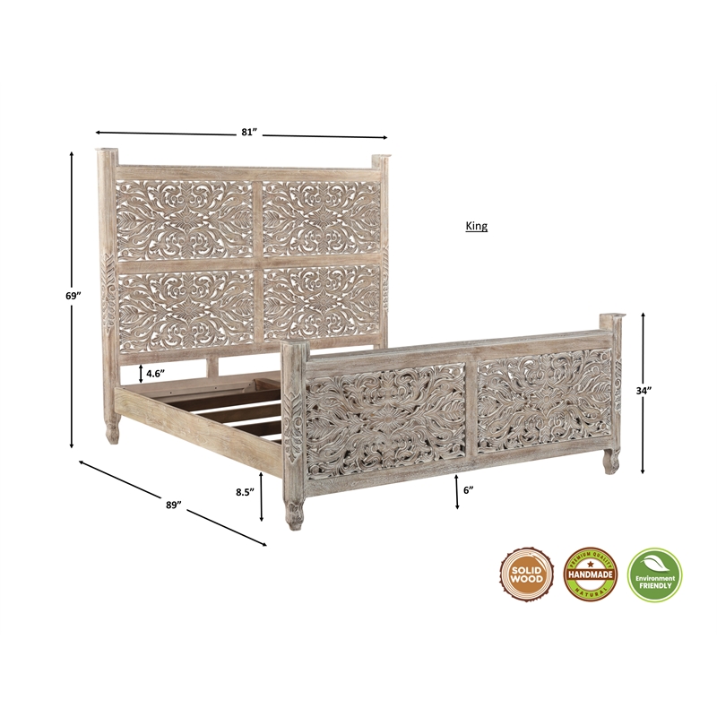 Taran Designs Monte 3-piece Floral Carved Solid Wood Bedroom Set in Gray