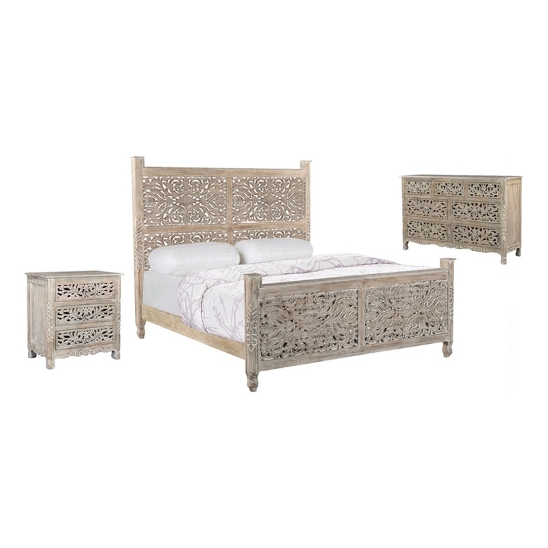 Taran Designs Monte 3-piece Floral Carved Solid Wood Bedroom Set in Gray