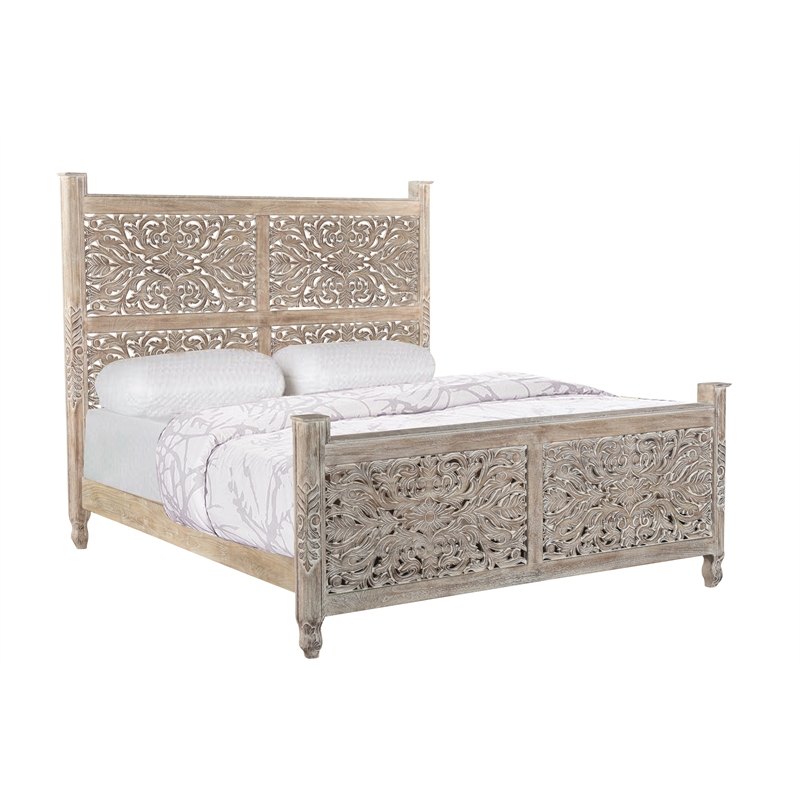Taran Designs Monte 3-piece Floral Carved Solid Wood Bedroom Set in Gray
