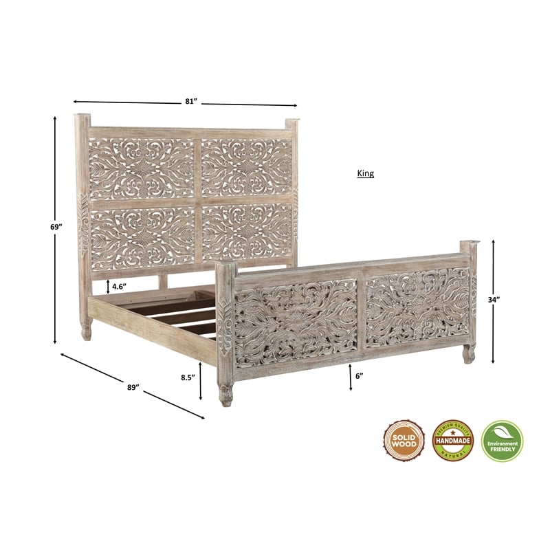 Taran Designs Monte 3-piece Floral Carved Solid Wood Bedroom Set in Gray