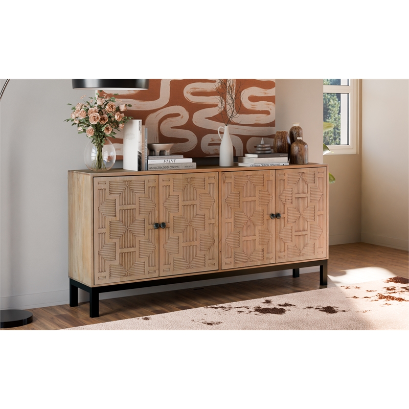 Taran Designs Mason 4-door Carved Solid Wood Sideboard in Brown