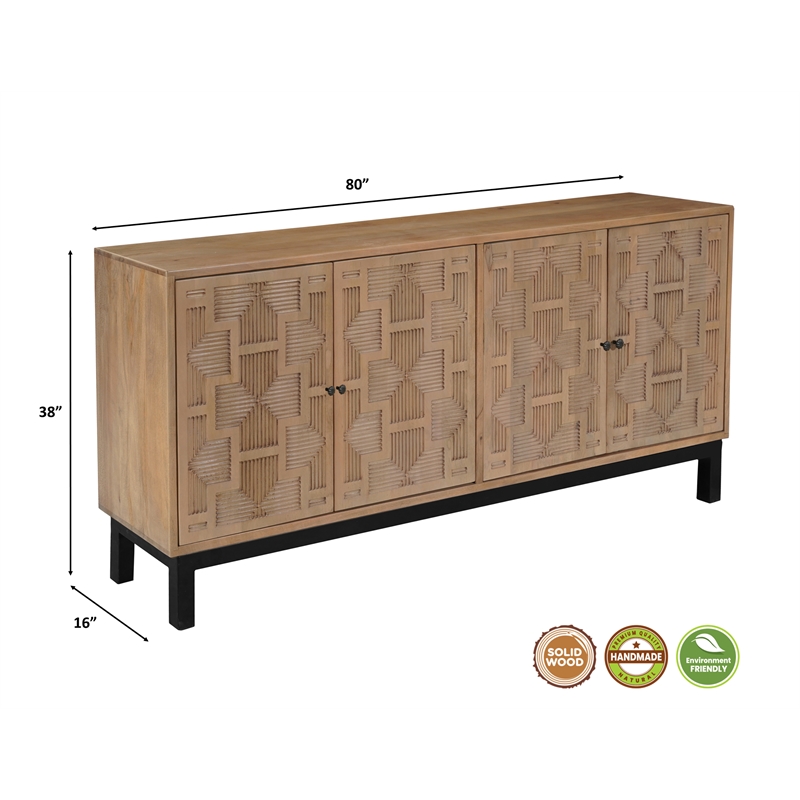 Taran Designs Mason 4-door Carved Solid Wood Sideboard in Brown