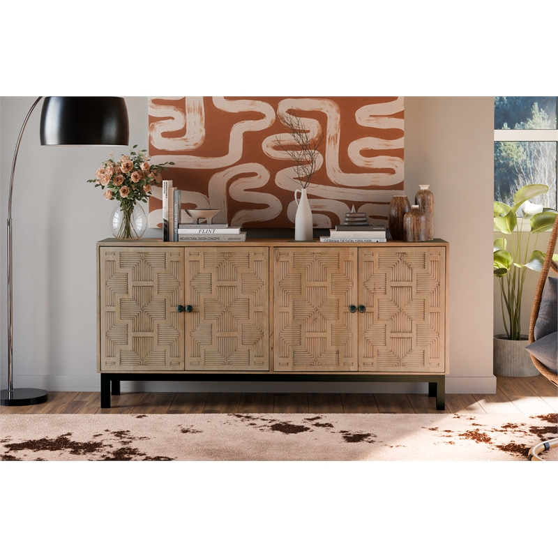 Taran Designs Mason 4-door Carved Solid Wood Sideboard in Brown
