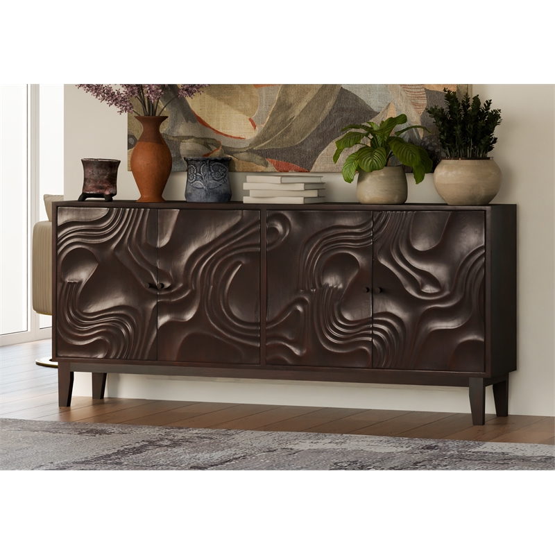 Taran Designs Mason 4-door Carved Solid Wood Sideboard in Dark Brown