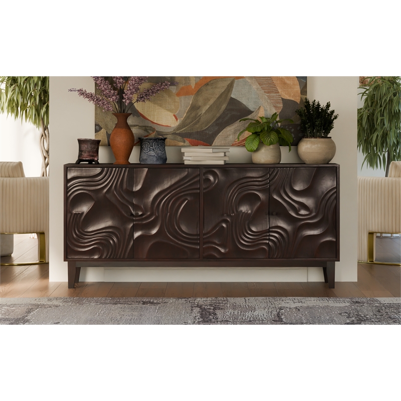 Taran Designs Mason 4-door Carved Solid Wood Sideboard in Dark Brown