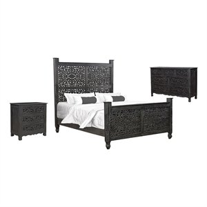Taran Designs Monte 3-piece Floral Carved Solid Wood Bedroom Set in Black