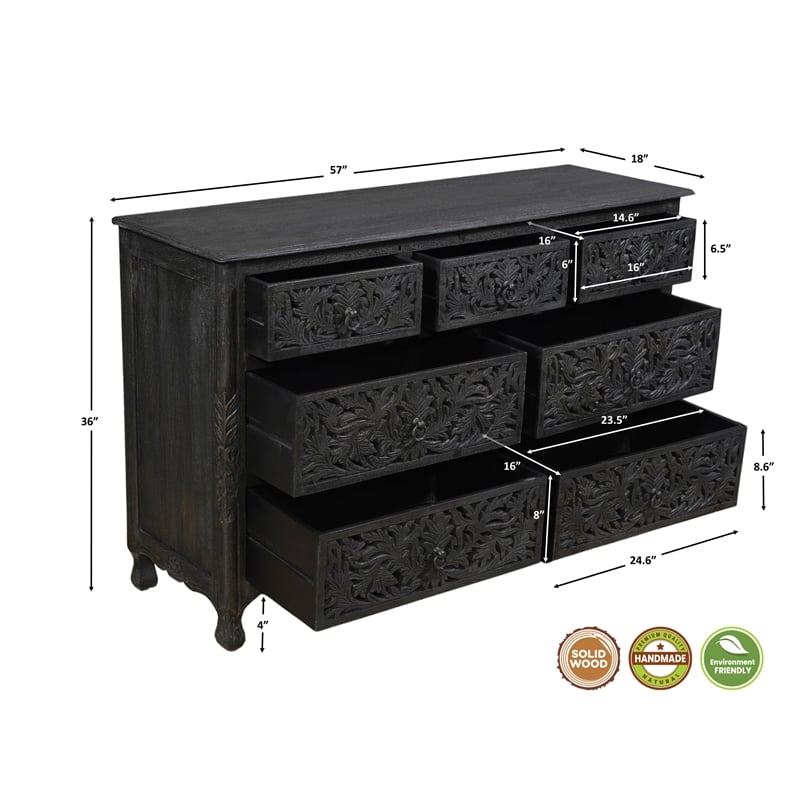 Taran Designs Monte 3-piece Floral Carved Solid Wood Bedroom Set in Black