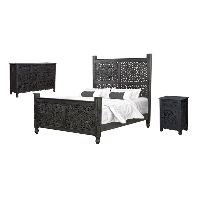 Taran Designs Monte 3-piece Floral Carved Solid Wood Bedroom Set in Black