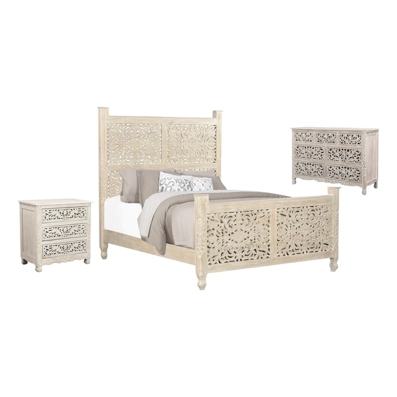 Taran Designs Monte 3-piece Floral Carved Solid Wood Bedroom Set in White