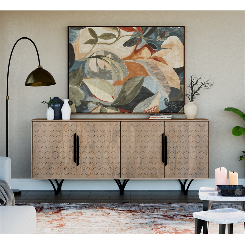 Taran Designs Lark 4-door Geometric Pattern Solid Wood Sideboard in Beige