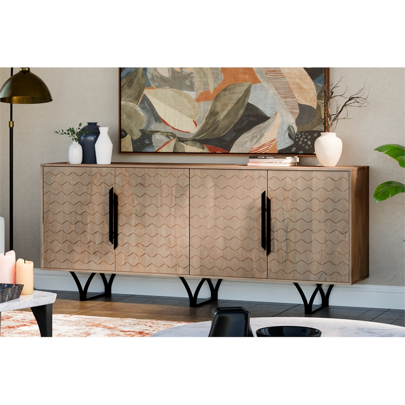 Taran Designs Lark 4-door Geometric Pattern Solid Wood Sideboard in Beige