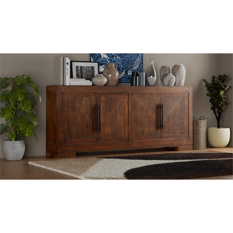 Taran Designs Lawrence 4-door Geometric Solid Wood Sideboard in Dark Brown