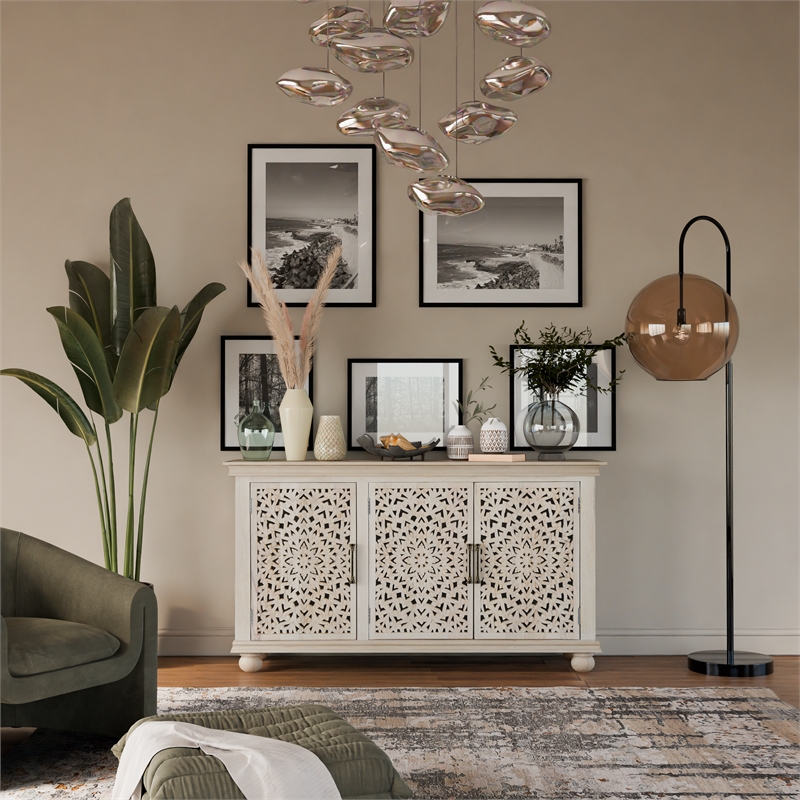 Taran Designs Fillian 3-door Floral Carved Solid Wood Sideboard in White