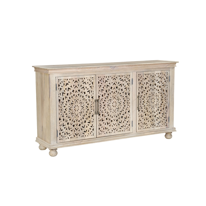 Taran Designs Fillian 3-door Floral Carved Solid Wood Sideboard in White