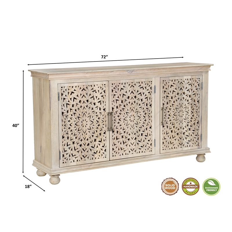 Taran Designs Fillian 3-door Floral Carved Solid Wood Sideboard in White