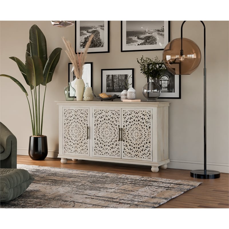 Taran Designs Fillian 3-door Floral Carved Solid Wood Sideboard in White