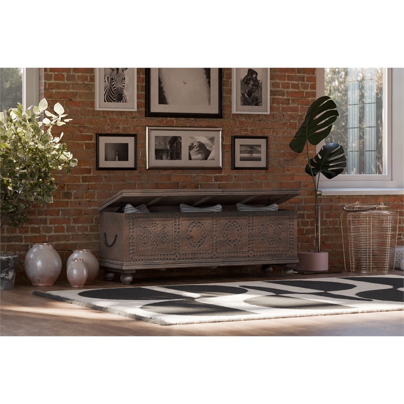 Taran Designs Bailey Carved Solid Wood Storage Ottoman in Brown