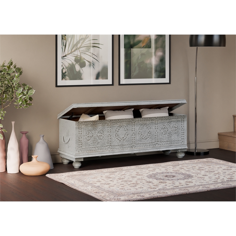 Taran Designs Bailey Carved Solid Wood Storage Ottoman in White