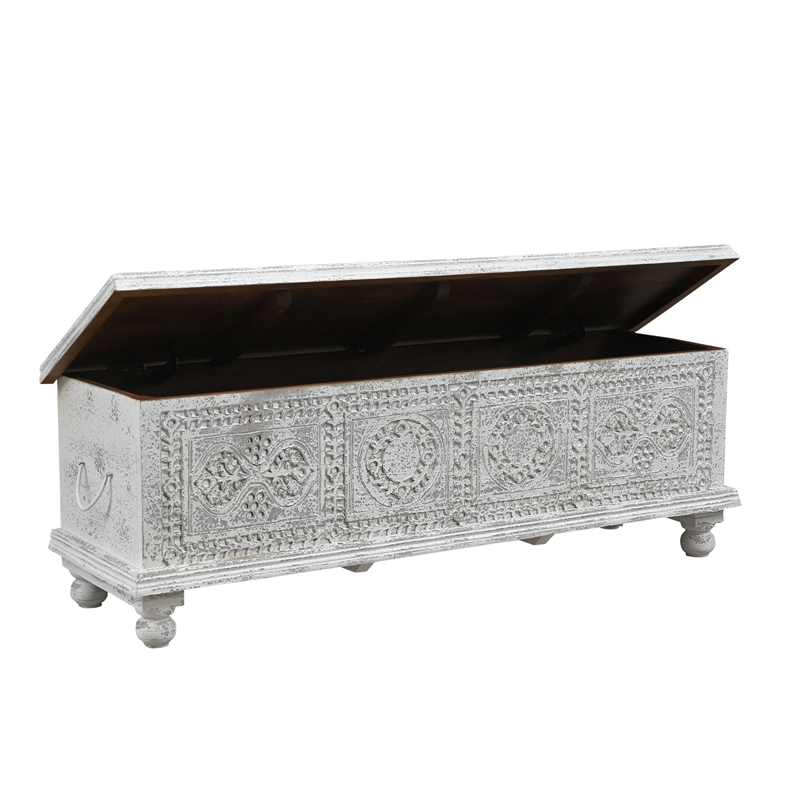 Taran Designs Bailey Carved Solid Wood Storage Ottoman in White