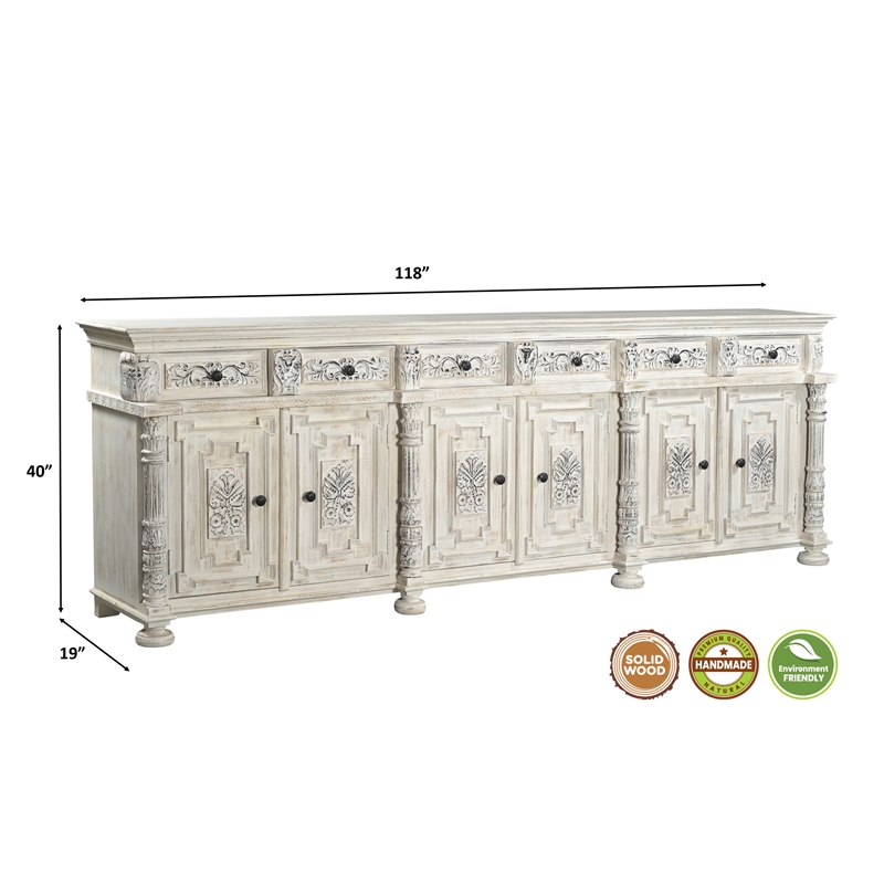 Taran Designs Isabella 6-drawer 6-door Carved Solid Wood Sideboard in White