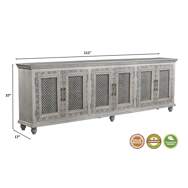 Taran Designs Isabella 6-door Carved Solid Wood Sideboard in Gray