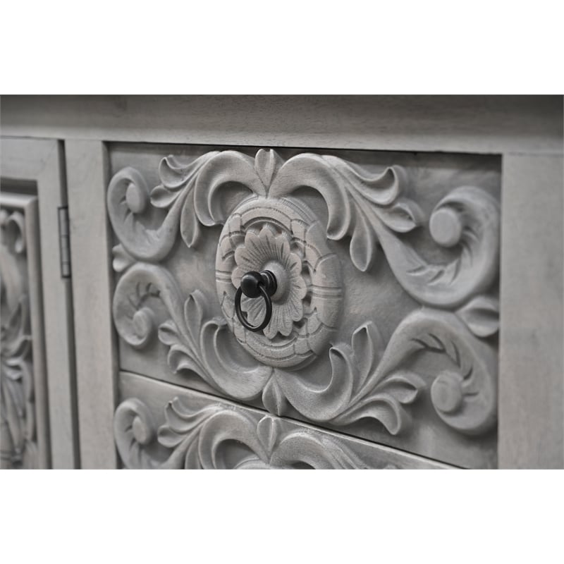 Taran Designs Isabella 3-drawer 4-door Carved Solid Wood Sideboard in Gray