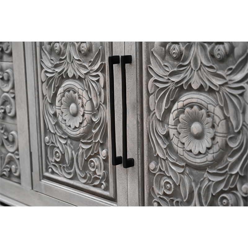 Taran Designs Isabella 3-drawer 4-door Carved Solid Wood Sideboard in Gray