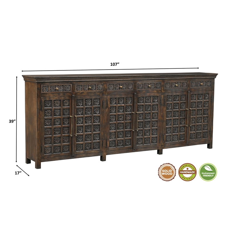 Taran Designs Isabella 6-drawer 6-door Carved Solid Wood Sideboard in Brown